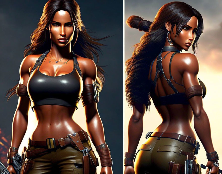 Stylized athletic female character in black outfit against fiery backdrop