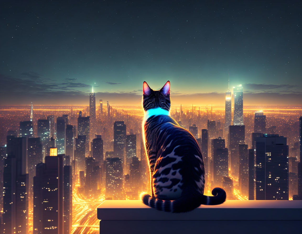 Cat observing cityscape from high ledge at night