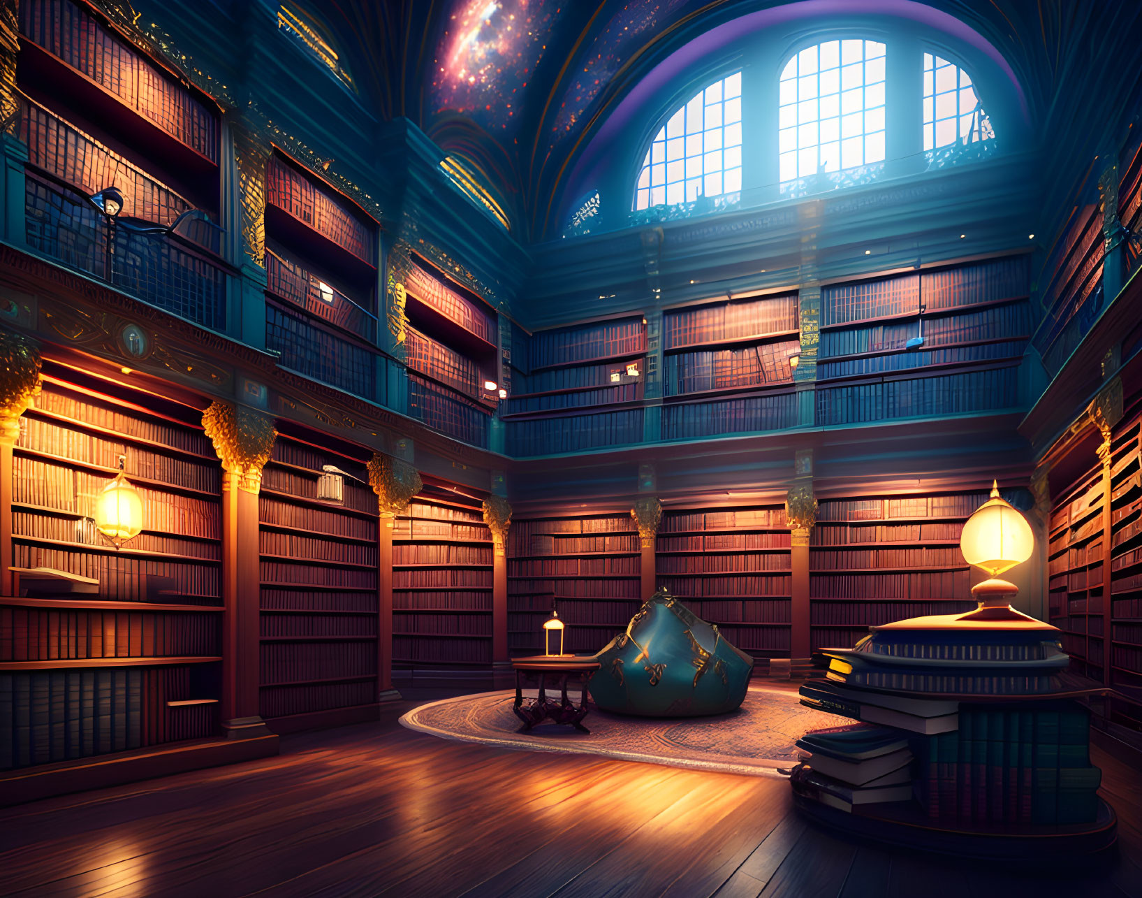 Grand Library with Towering Bookshelves, Starry Sky Ceiling, Cozy Seating, Globe