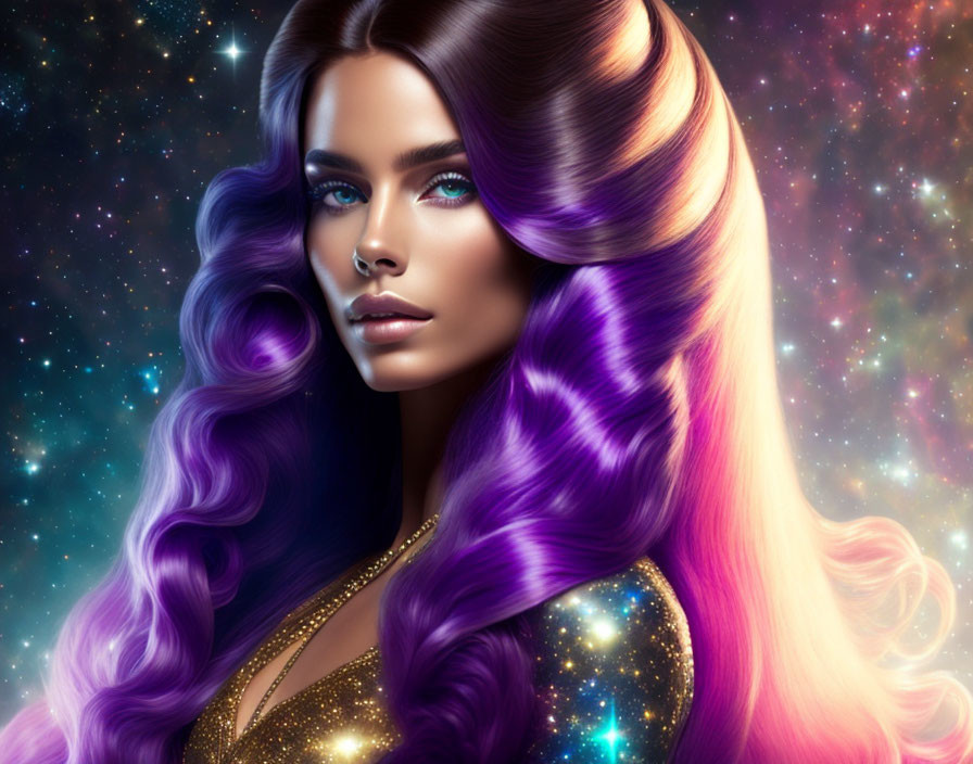 Woman with luminous skin and long, wavy hair against starry background