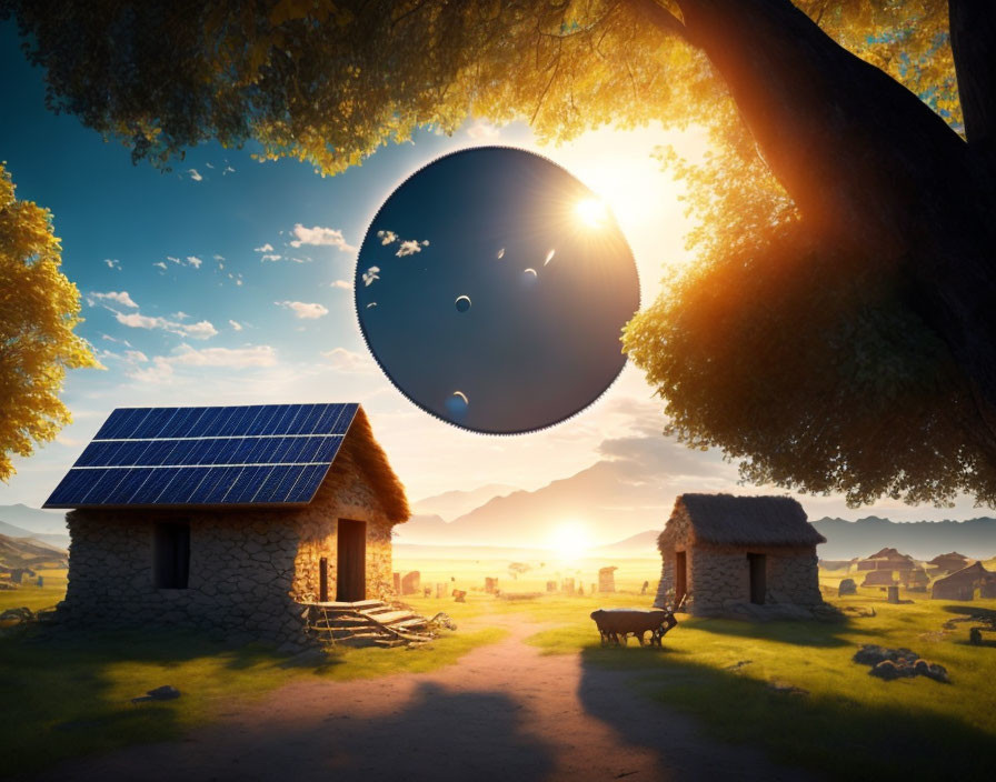 Tranquil rural sunset scene with stone house, solar panel, tree, and surreal vinyl record