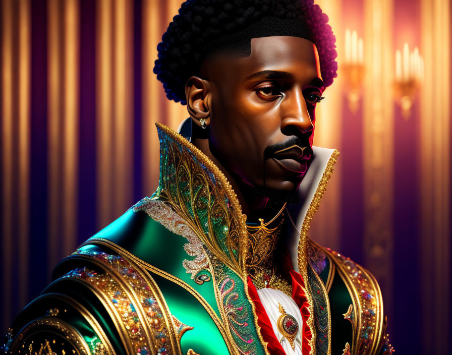 Regal man portrait with high collar and gold curtain backdrop