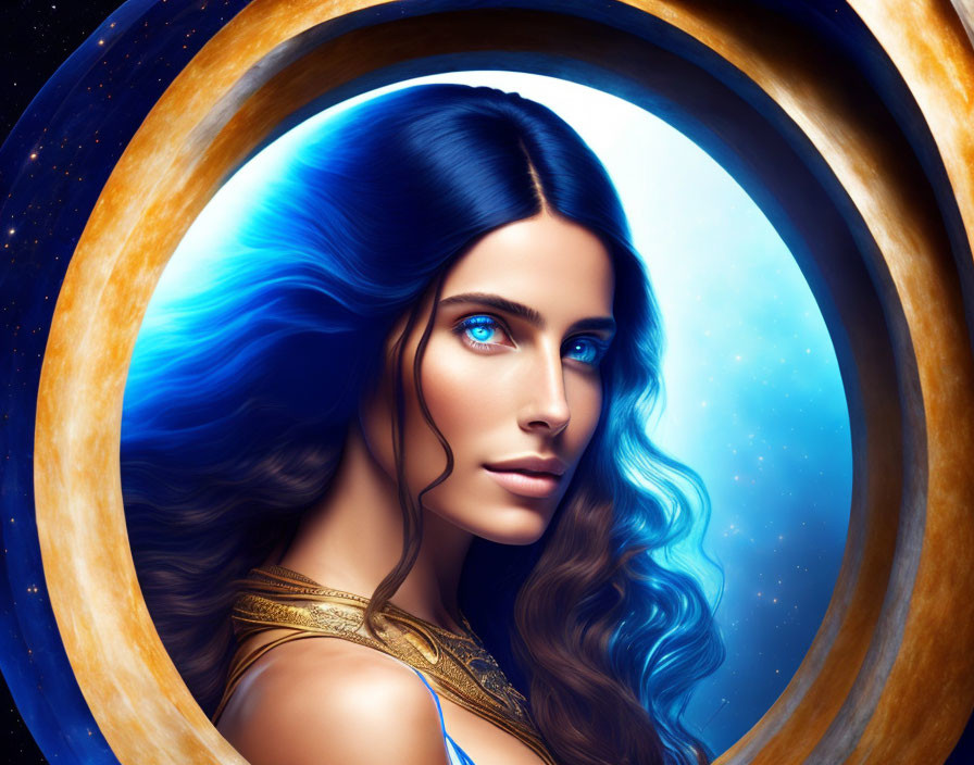 Digital illustration: Woman with blue hair and eyes in golden frame on starry backdrop