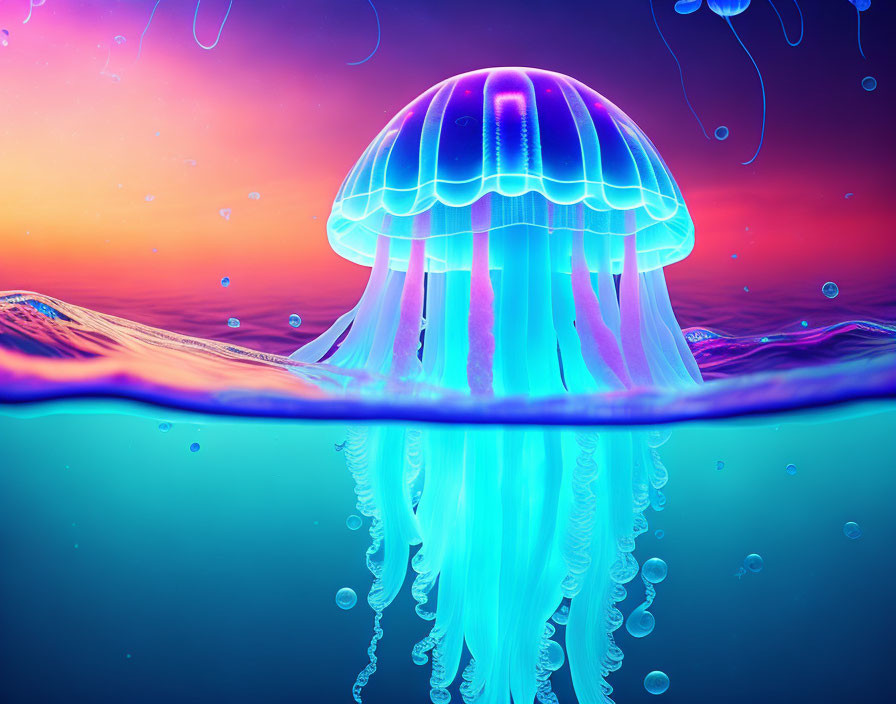 Colorful Jellyfish with Blue and Purple Glow Submerged in Water