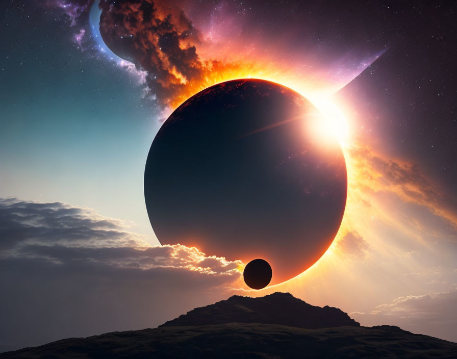 Surreal landscape with large planet, moon, stars, clouds, and nebula