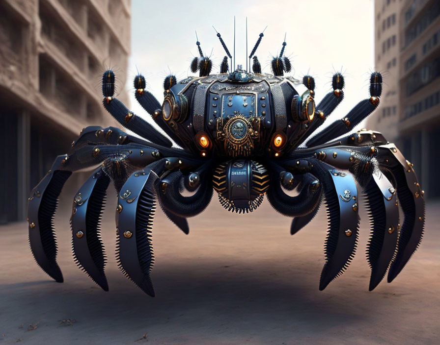 Detailed Mechanical Spider in Urban Alley: Futuristic Design