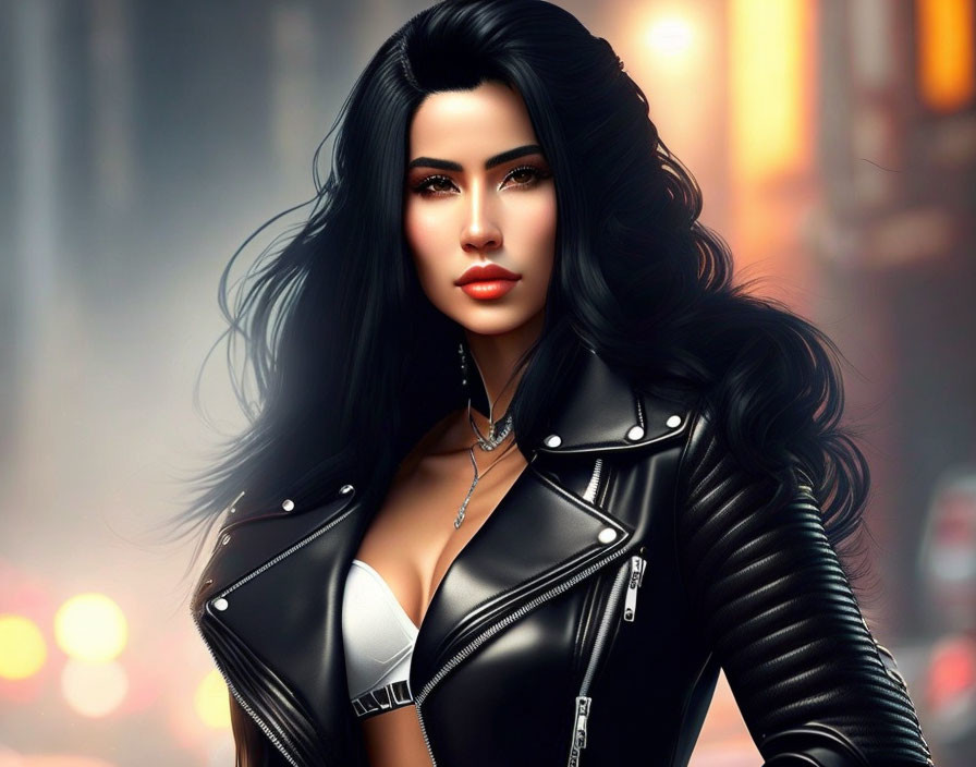 Digital artwork of woman with long black hair, leather jacket, white top, urban backdrop