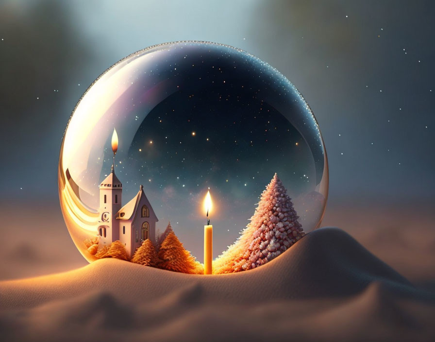 Surreal church and tree in transparent bubble with glowing candle under twilight sky