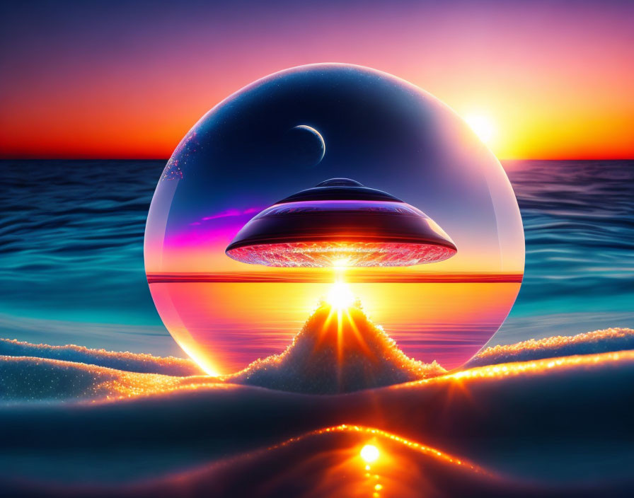 Surreal sunset scene with glass sphere, ocean waves, and UFO reflection