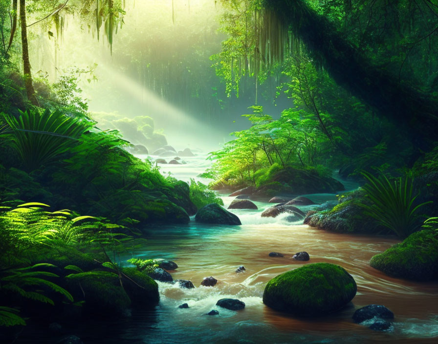 Tranquil forest scene with babbling brook and lush greenery