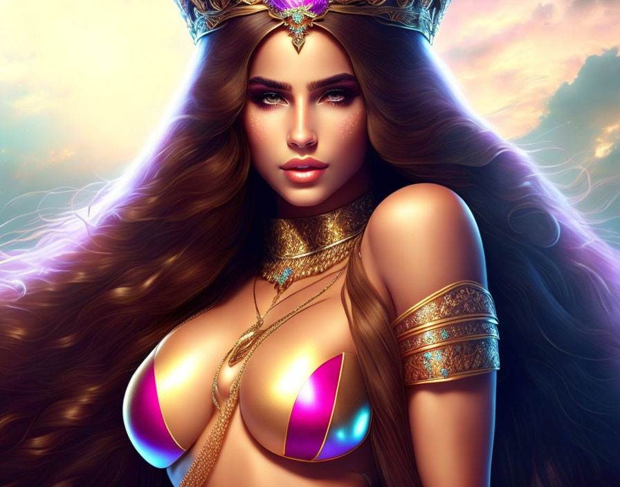 Digital Artwork: Woman with Long Flowing Hair and Golden Crown against Cloudy Sky