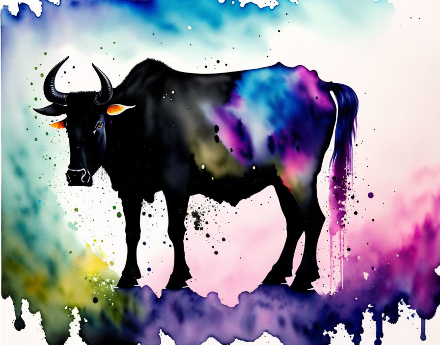 Colorful watercolor painting of a bull on multicolored background