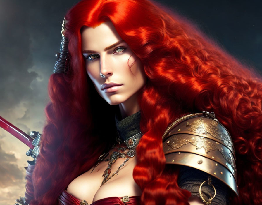 Red-haired warrior woman in intricate armor with sword against dramatic sky.