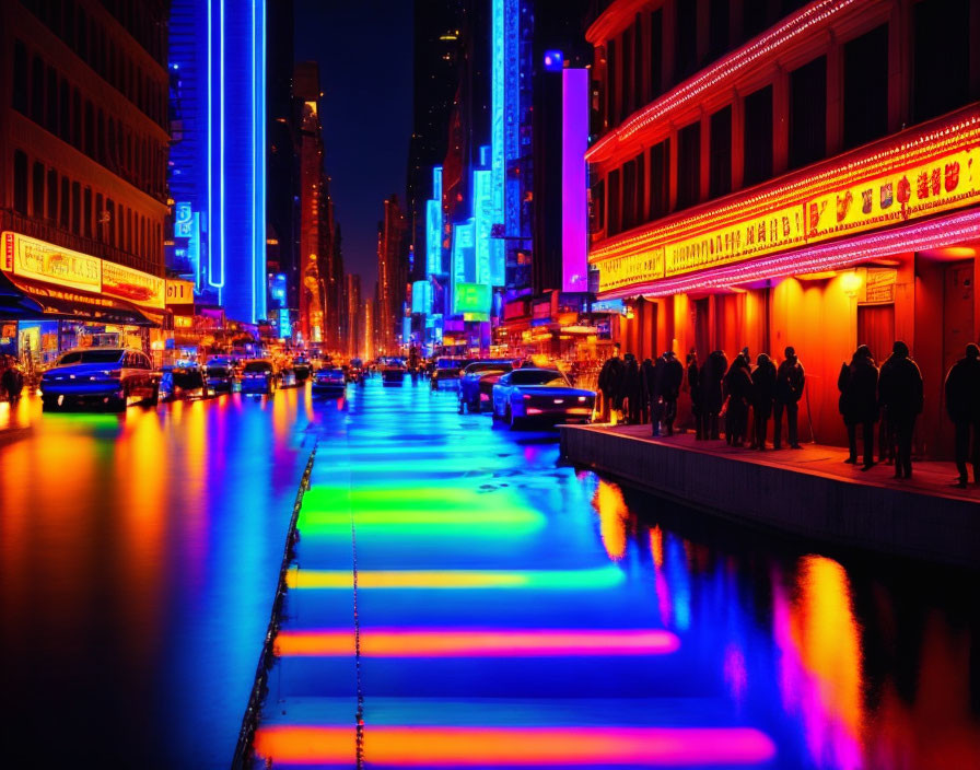 Urban night scene with neon lights, wet pavement, people, and cars.