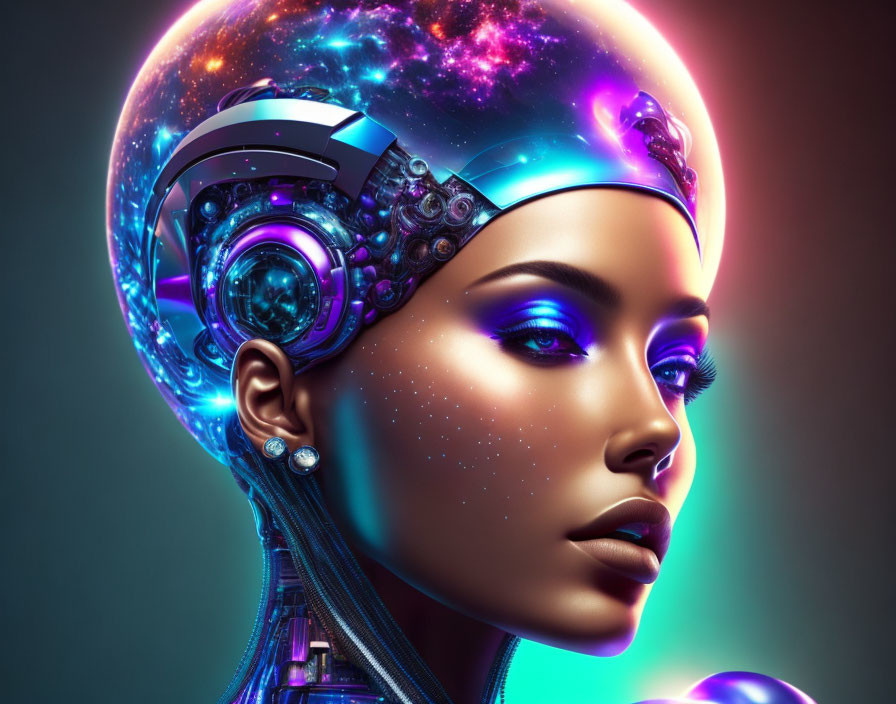 Futuristic Female Robot with Galaxy-Inspired Design and Glowing Neon Colors