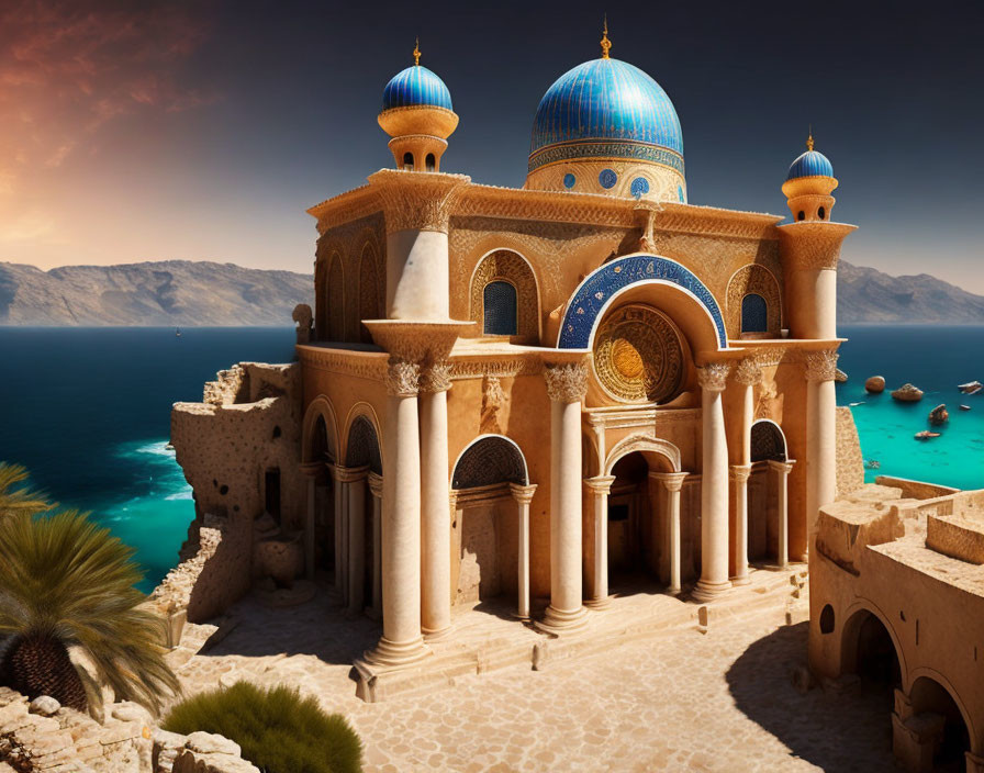 Middle Eastern palace with blue domes by tranquil sea at sunset