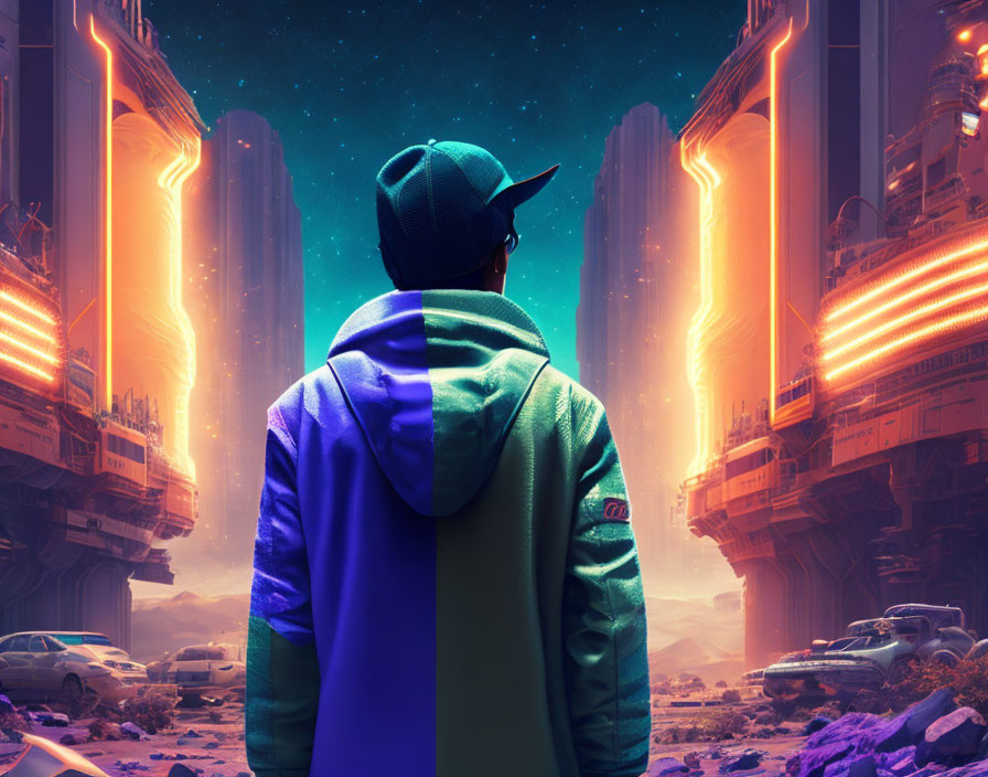 Person in cap and jacket gazes at futuristic cityscape at twilight