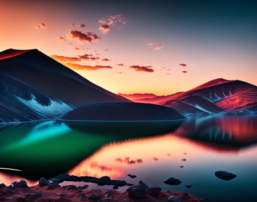 Serene mountain lake at sunset with vibrant sky colors reflected