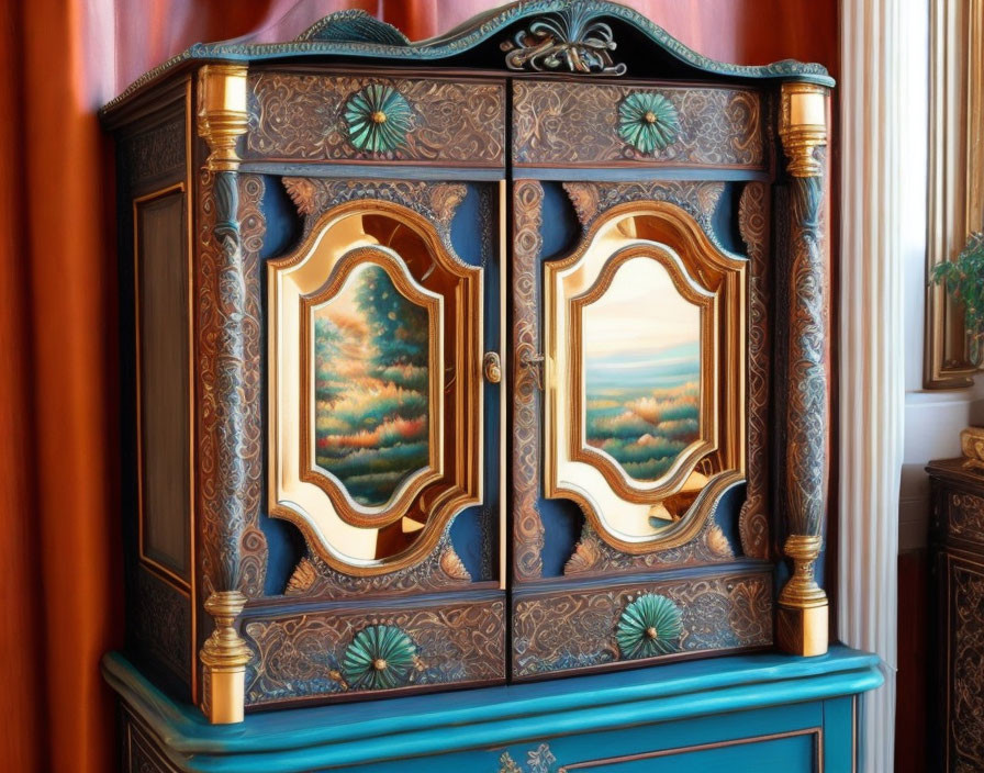 Wooden Cabinet with Landscape Paintings & Gold Trim Seashell Motifs