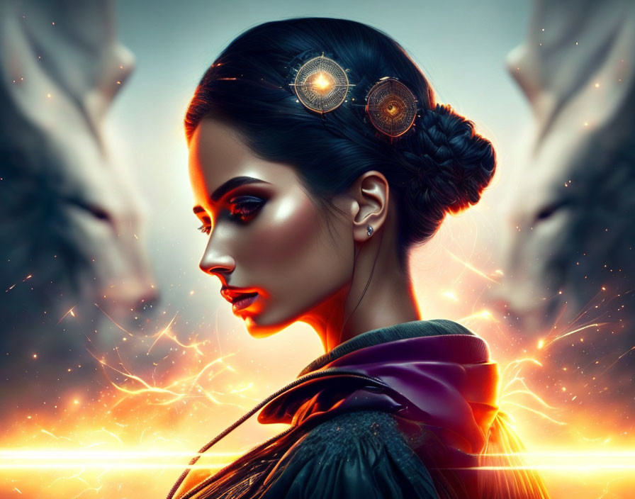 Futuristic digital artwork of woman with glowing makeup and energy threads