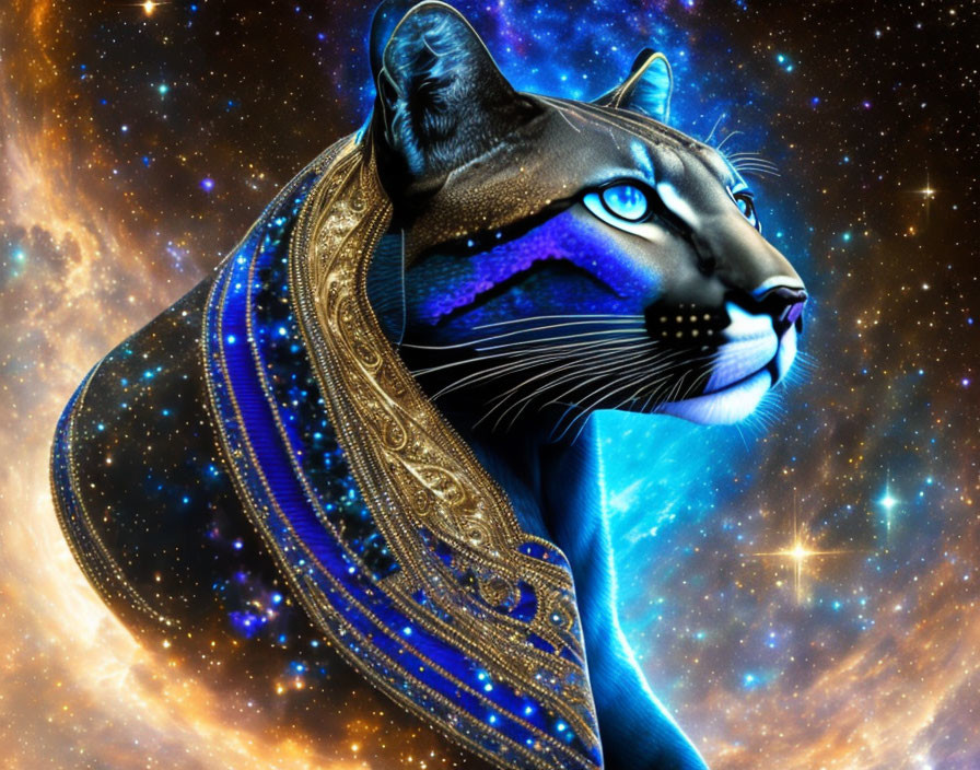 Cosmic-themed cat digital artwork with starry space background