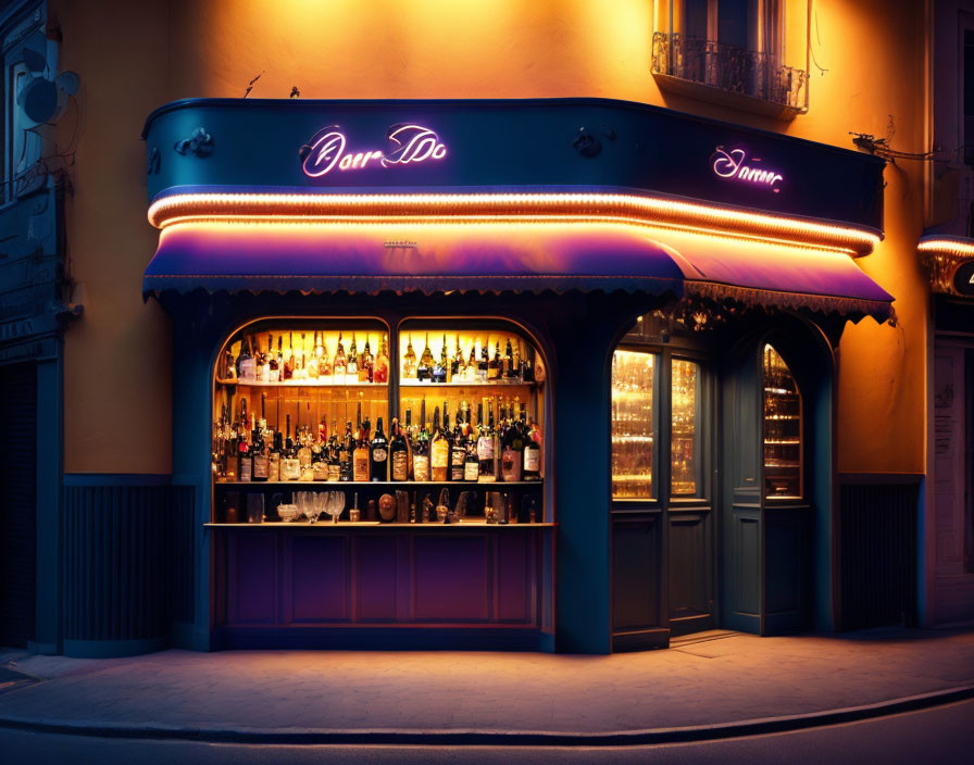 Twilight photo of a cozy street-corner bar with neon signs and warmly lit liquor bottles