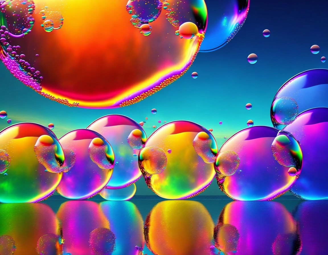 Colorful soap bubbles on blue-green gradient background.