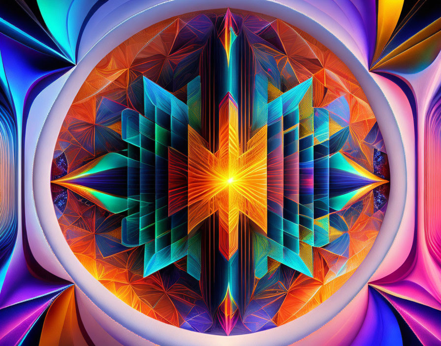 Symmetrical star-shaped abstract digital artwork with vibrant colors