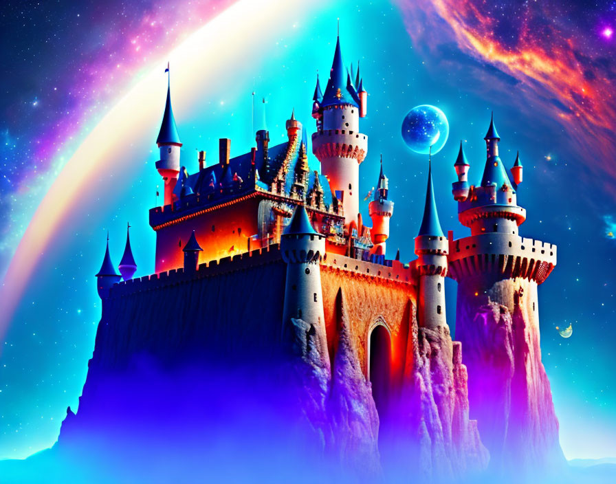 Vividly colored castle with spires under cosmic sky