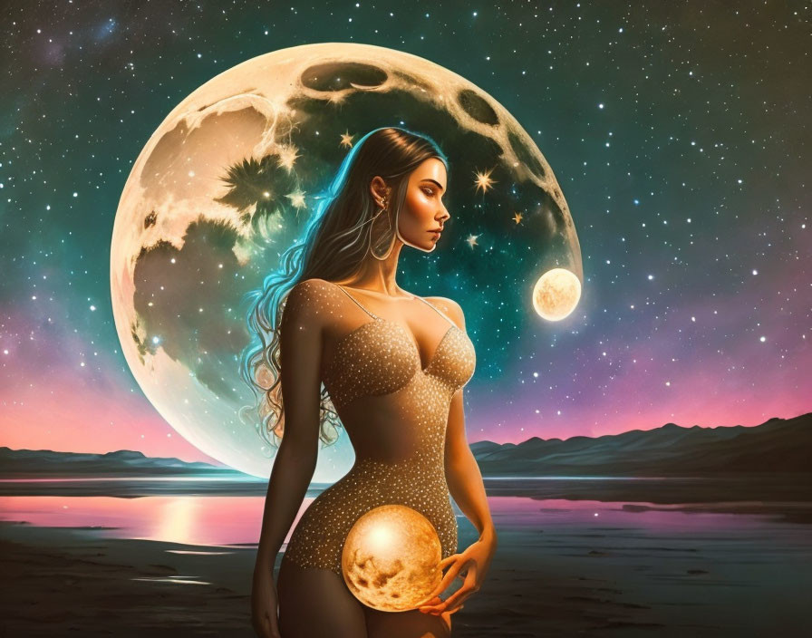 Digital artwork of woman under starry sky with giant moon and lake backdrop