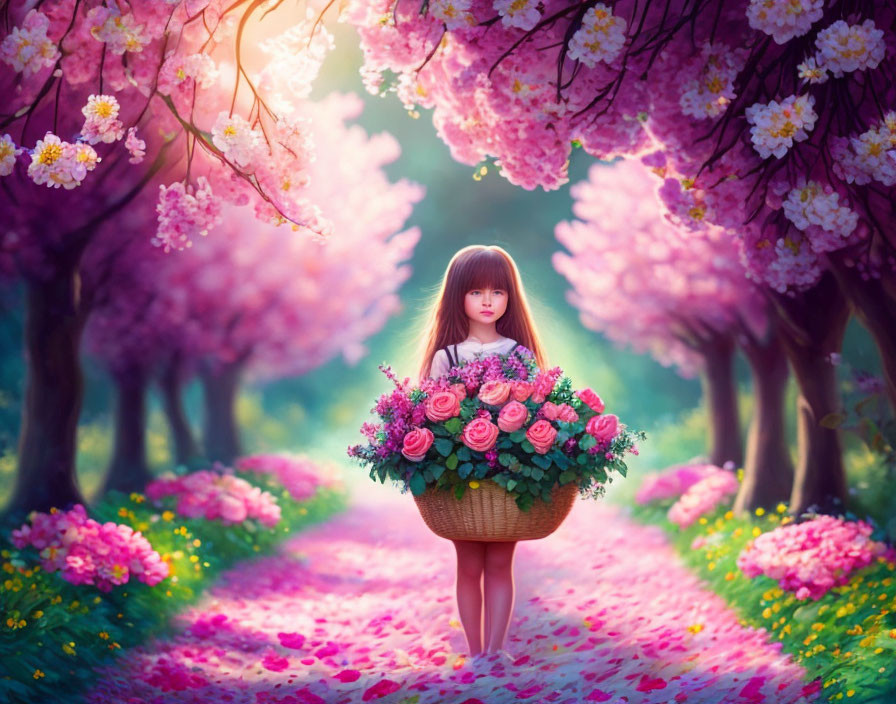 Young girl with long hair holding flowers on path with pink trees