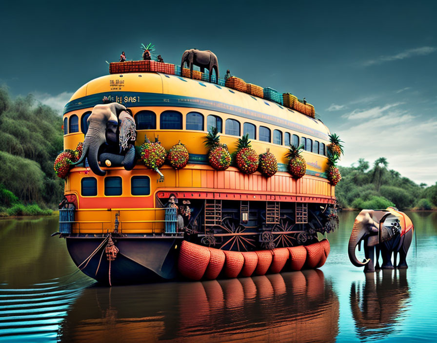 Transformed school bus as floating vessel with pineapples, plants, elephants, and water scene