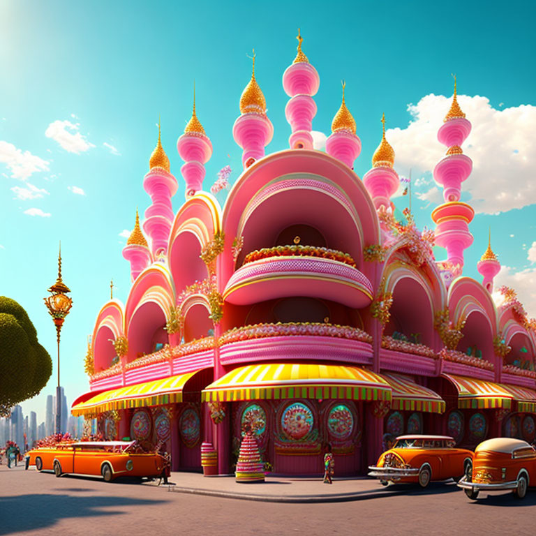 Colorful cityscape with onion-domed structures, vintage buses, and lone pedestrian