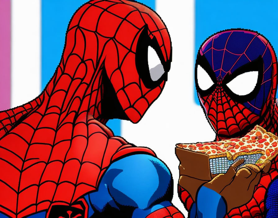 Spider-Man characters eating pizza on striped background.