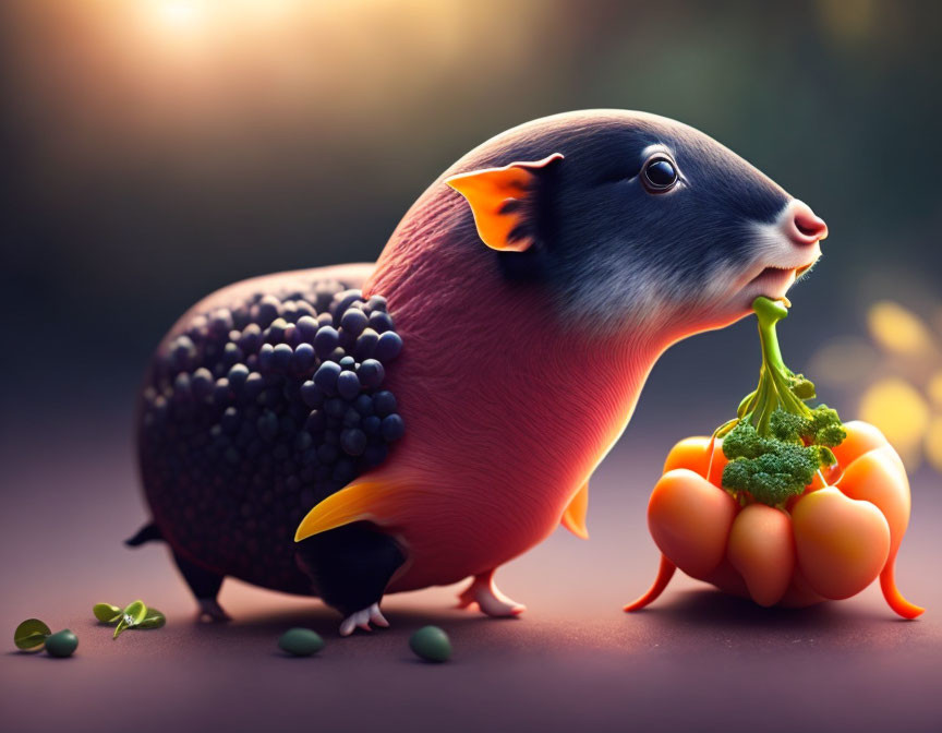 Unique animal illustration with guinea pig body, mouse ears, armadillo scales, and eating green