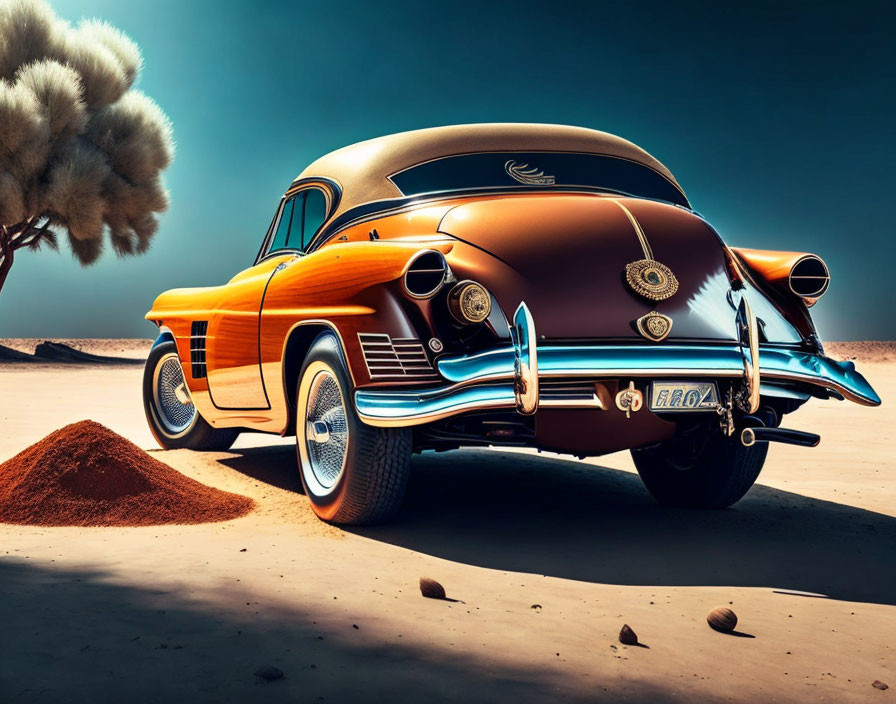 Vintage Two-Tone Classic Car in Desert Scene