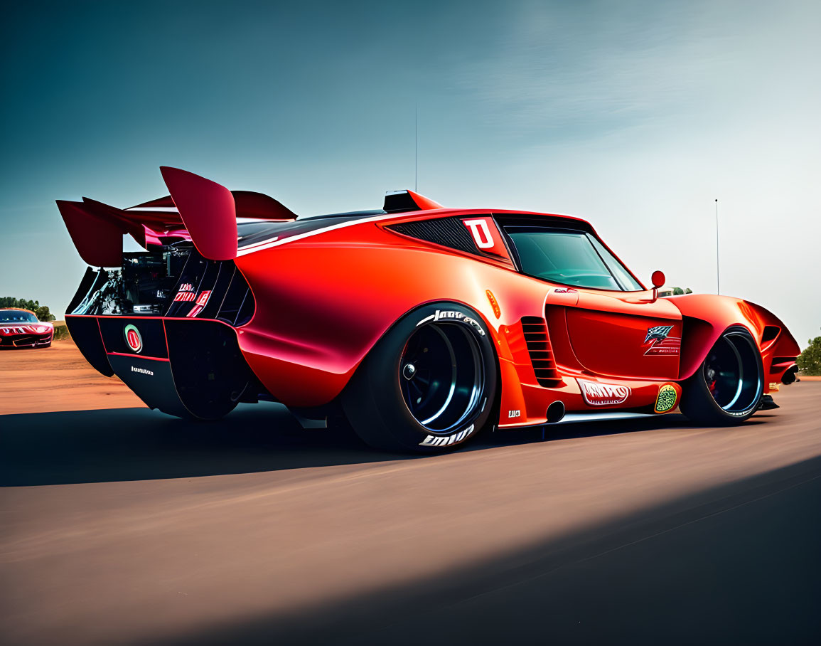 Vintage Red Race Car with Rear Spoiler and Number "0" on Clear Day