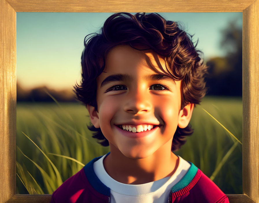 Curly-Haired Child Smiling in Field Backdrop