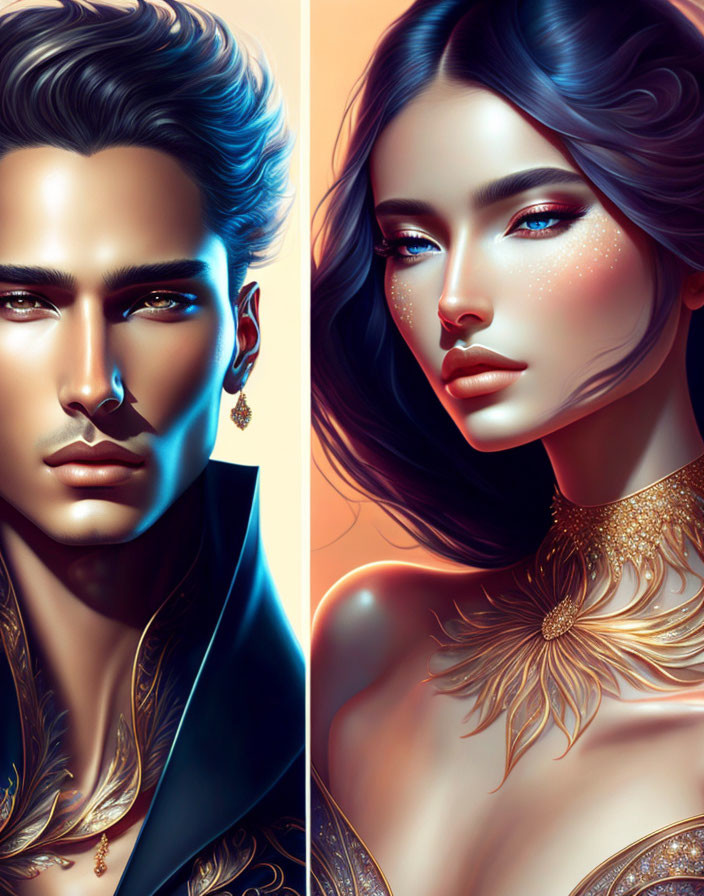 Stylized digital illustration of attractive man and woman with sharp features and gold jewelry