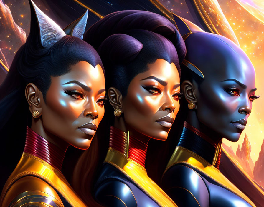 Stylized female characters in futuristic attire against cosmic backdrop