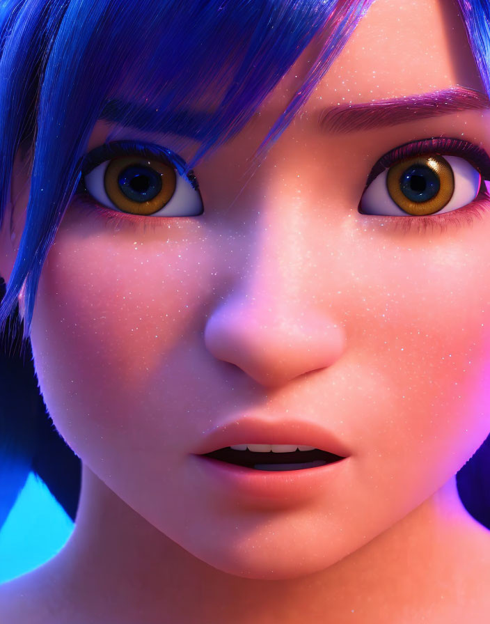 Blue-haired animated character with golden eyes in close-up view against blue backdrop