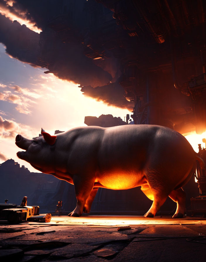 Large pig under dramatic lighting with industrial background.