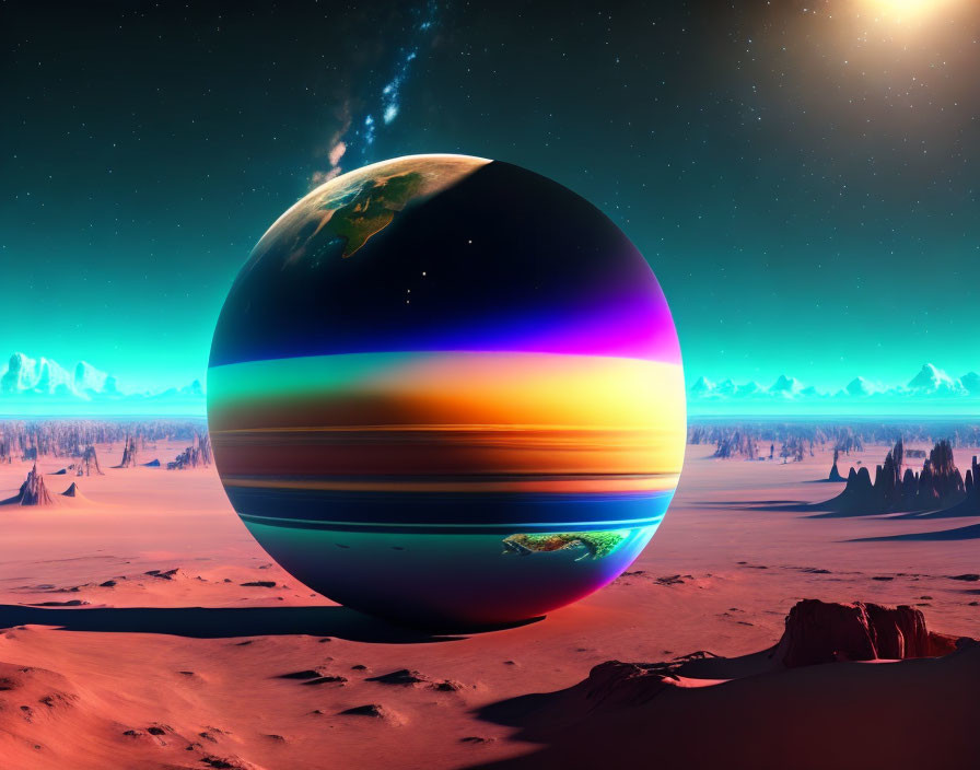 Surreal landscape: desert, ice formations, colorful planet