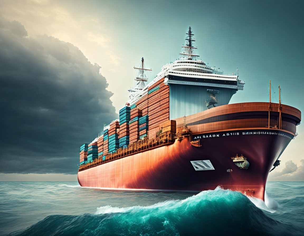 Cargo ship with stacked containers on calm ocean under dramatic cloudy sky