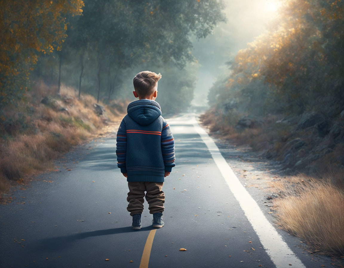 Young boy on empty road surrounded by autumn trees and misty background