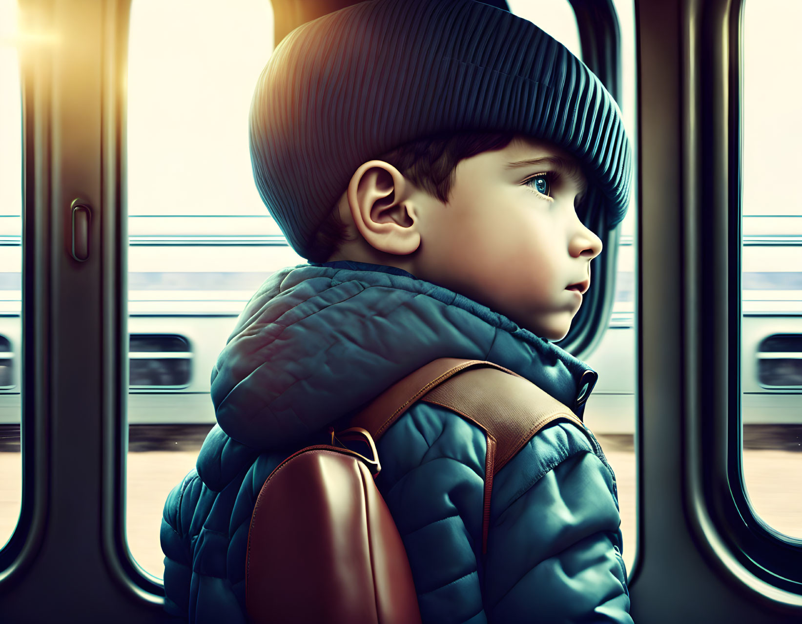 Child with cap and backpack looking out train window in warmly-lit carriage