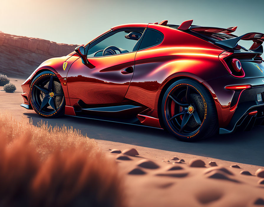 Red sports car parked in desert landscape at dusk with warm lighting