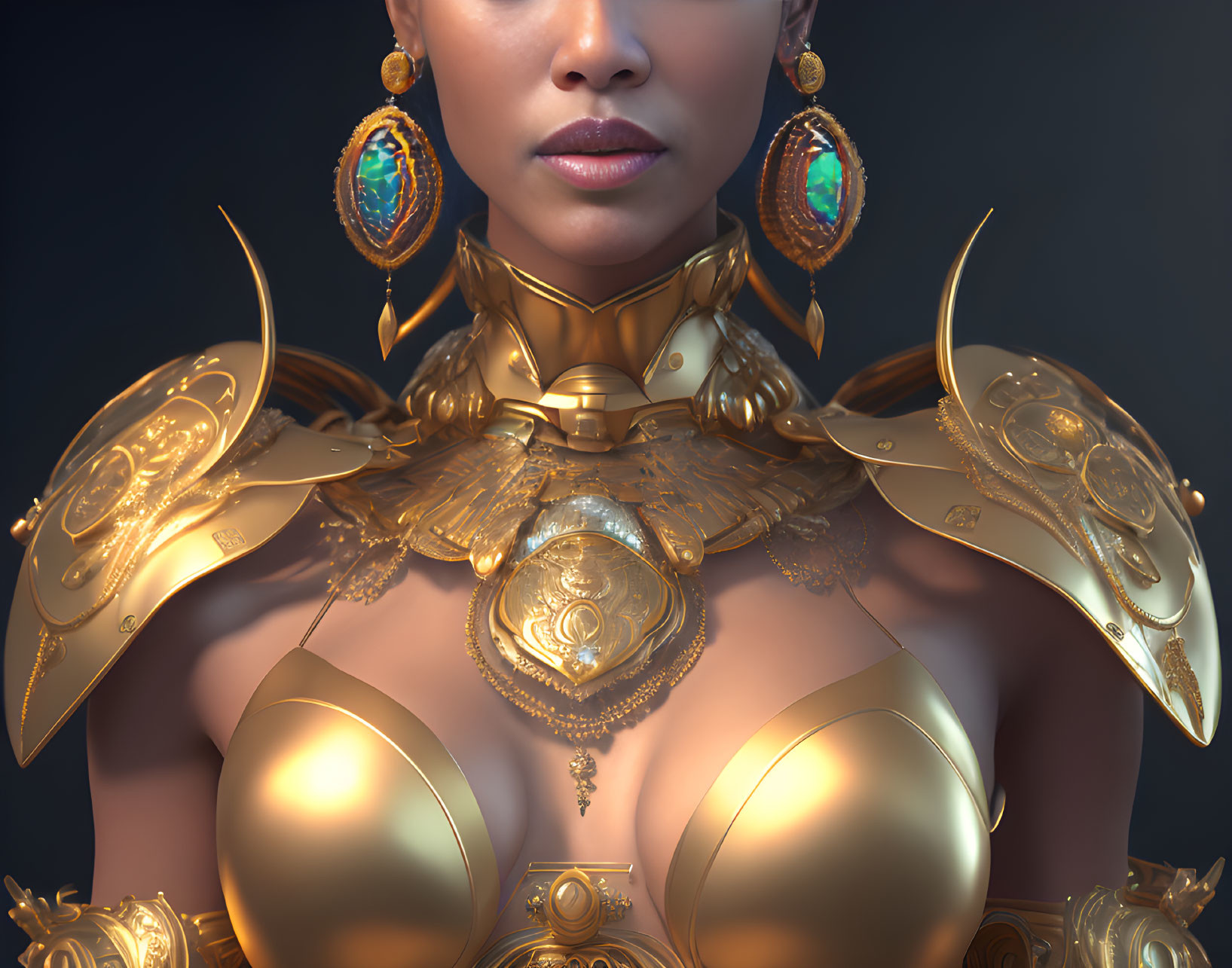 Intricate golden armor figure with large earrings and high collar