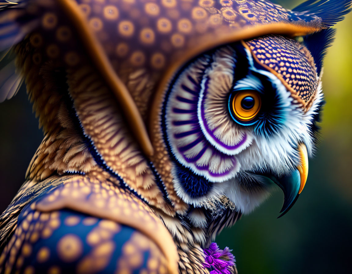 Detailed close-up of owl with intricate feather patterns and vibrant orange eye