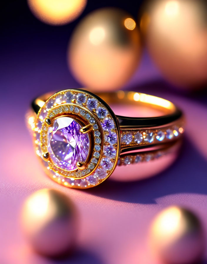 Gold Ring with Purple Gemstone and Diamonds on Purple Background